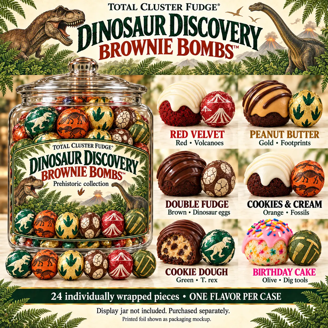Dinosaur Discovery Brownie Bombs collection with six flavor options