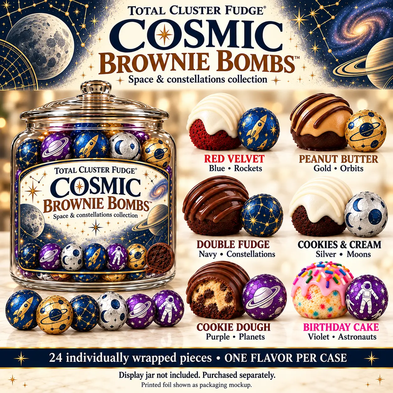 Space & Constellations Brownie Bombs collection with six flavor options
