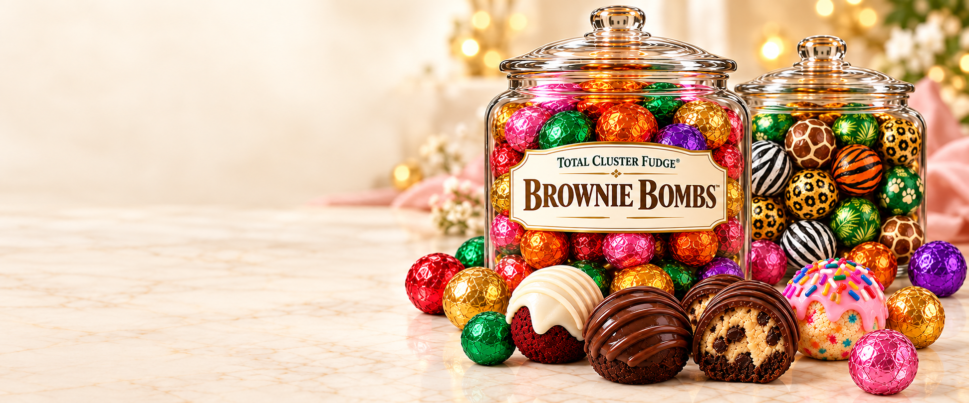 Total Cluster Fudge Brownie Bombs in colorful foil and concept printed foils, with display jars and unwrapped treats